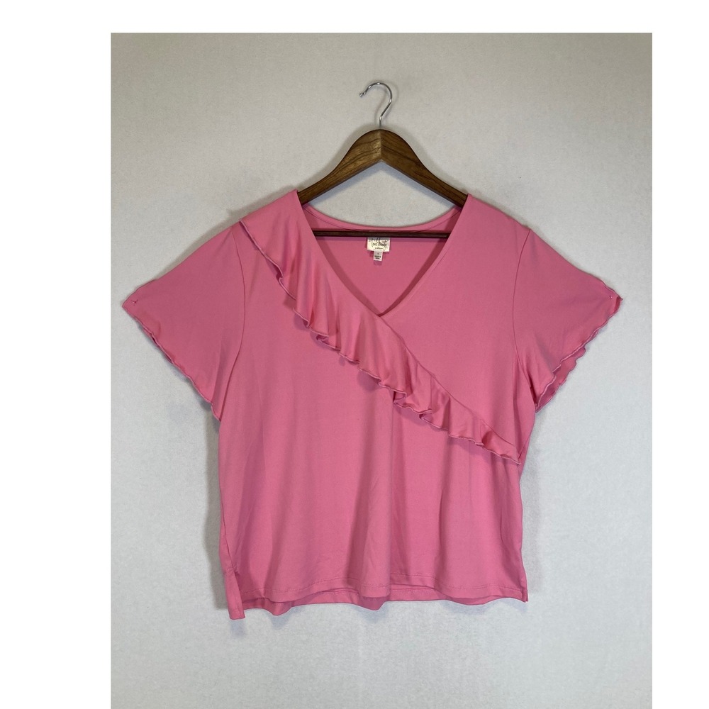 Coquette True Beauty by Emme‎ Women 1X Pink Ruffle Split Sleeve V-Neck Top
